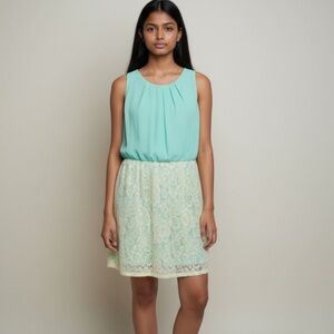 Mint Green Sleeveless Dress with Lace Skirt